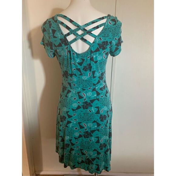 Disney Women's Short Sleeve Criss Cross Back A-Line Dress Green Black Size Large - Picture 4 of 10